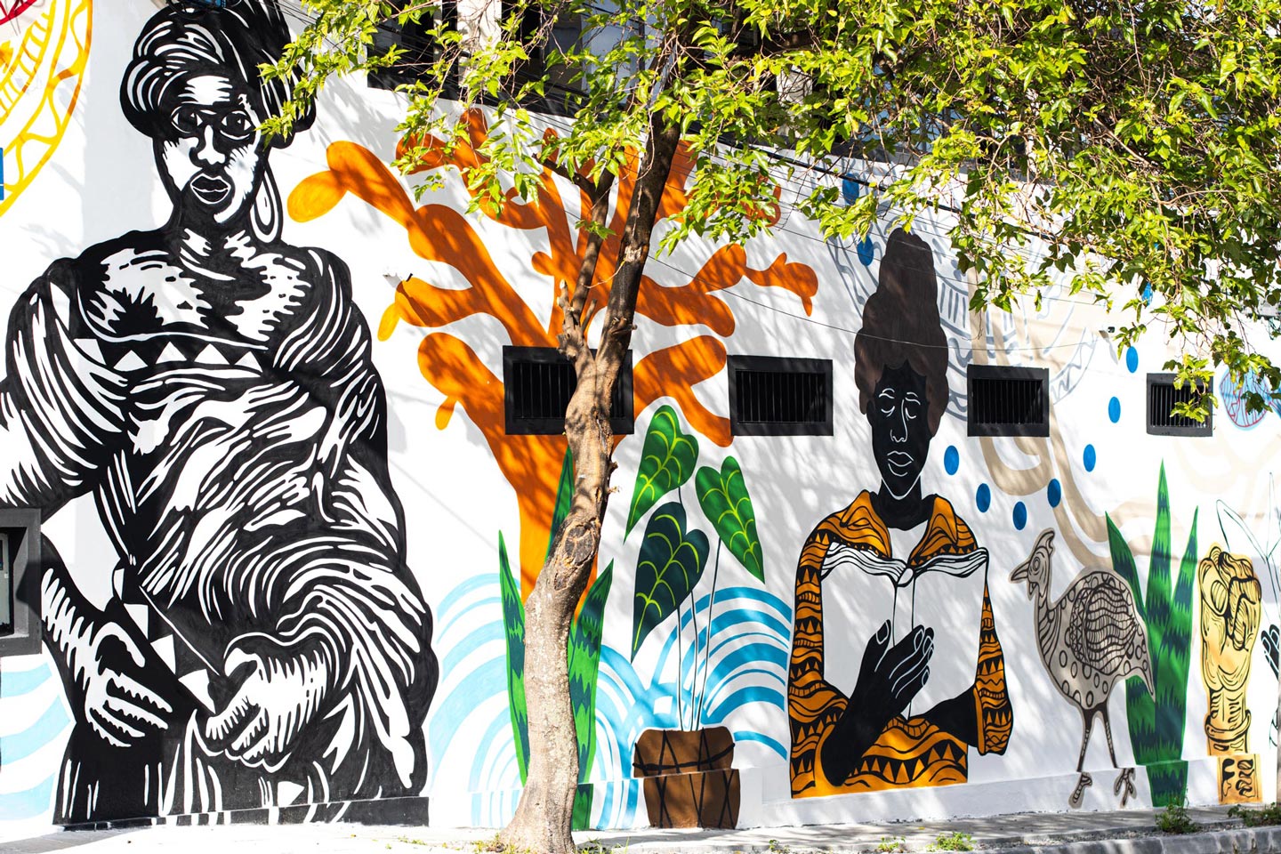 Arte de rua e grafite na fachada da Casa Sueli Carneiro.
